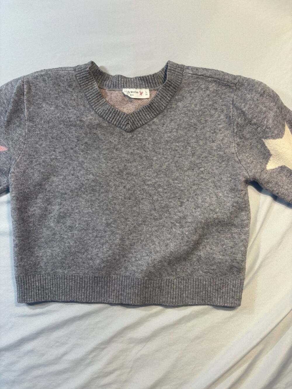 Knit Works Girls Grey V-Neck Sweater with Pink and White Stars